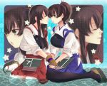  2girls akagi_(kantai_collection) black_legwear blue_skirt brown_eyes brown_gloves brown_hair closed_eyes geta gloves hakama_skirt holding_hands kaga_(kantai_collection) kantai_collection long_hair multiple_girls muneate otsuki38 pleated_skirt red_skirt short_hair side_ponytail single_glove sitting skirt tasuki wading wariza white_legwear yokozuwari yugake zoom_layer 