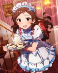  1girl :d backpack bag blush brown_eyes brown_hair cup heart idolmaster idolmaster_million_live! kitazawa_shiho long_hair looking_at_viewer maid_headdress official_art open_mouth randoseru ribbon saucer skirt smile solo tea tea_set teacup teapot tray 