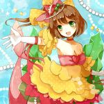  1girl :d bow breasts brown_hair cardfight!!_vanguard choker cleavage collarbone detached_sleeves dress elbow_gloves frilled_dress frills gloves green_eyes hair_bow hair_ornament hair_ribbon looking_at_viewer open_mouth prism_promise_labrador reaching ribbon short_hair smile solo yellow_dress yon_(letter) 