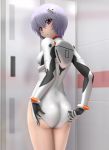  1girl adjusting_clothes ass ayanami_rei blue_hair breasts highres leotard looking_at_viewer looking_back neon_genesis_evangelion plugsuit red_eyes short_hair siraha solo 