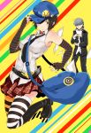  1girl aqua_eyes bag bare_shoulders belt boots cabbie_hat choker elbow_gloves fingerless_gloves gloves grey_hair hat hat_over_one_eye holding_hands jumping marie_(persona_4) narukami_yuu necktie paper persona persona_4 persona_4_the_golden plaid plaid_skirt school_uniform shoulder_bag skirt sleeveless striped striped_background striped_gloves striped_legwear thigh-highs yumoteliuce 