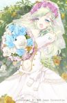  1girl :d blue_eyes bouquet collection_king dress elbow_gloves flower gloves green_hair holding long_hair looking_at_viewer miyoshino open_mouth smile solo tagme veil wedding_dress white_gloves 