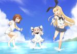  3girls :d arms_up bare_legs bare_shoulders barefoot black_panties blonde_hair blue_skirt blue_sky brown_eyes brown_hair dress elbow_gloves gloves hairband happy highleg highleg_panties highres horns kantai_collection long_hair long_sleeves microskirt midriff mittens multiple_girls neckerchief no_headwear no_legwear northern_ocean_hime ocean open_mouth pale_skin panties playing pleated_skirt red_eyes sailor_collar sailor_dress shimakaze_(kantai_collection) shimazaki_kazumi shinkaisei-kan short_hair skirt sky smile underwear wading white_dress white_gloves white_hair yukikaze_(kantai_collection) 