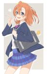  1girl :d bag blazer blue_eyes brown_hair haya_kewi kousaka_honoka looking_at_viewer love_live!_school_idol_project open_mouth plaid plaid_skirt pleated_skirt school_bag school_uniform skirt smile solo tagme 