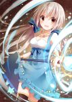  1girl blurry breasts brown_eyes cleavage depth_of_field hair_ornament hairclip holding jewelry long_hair looking_at_viewer low_twintails necklace open_mouth original silver_hair solo staff tagme twintails wind yon_(letter) 