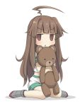  1girl ahoge brown_hair hug kantai_collection kohinata_sora kuma_(kantai_collection) long_hair open_mouth red_eyes sitting solo stuffed_animal stuffed_toy teddy_bear triangle_mouth wariza 