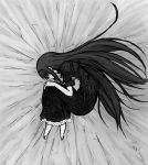  1girl akemi_homura barefoot black_hair dress fetal_position funeral_dress greyscale hairband long_hair mahou_shoujo_madoka_magica mahou_shoujo_madoka_magica_movie monochrome solo spoilers yukimizu 