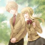  1boy 1girl aldnoah.zero asseylum_vers_allusia blonde_hair bowtie cardigan closed_eyes couple interlocked_fingers leaf leaf_background long_hair miniskirt nana_(t-a-f) necktie school_uniform skirt slaine_troyard smile 