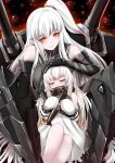  2girls aircraft_carrier_oni airplane closed_eyes covered_mouth gauntlets highres holding horns kantai_collection kumakichi. long_hair mittens multiple_girls northern_ocean_hime pale_skin petting shinkaisei-kan side_ponytail sleeping smile turret white_hair yellow_eyes 
