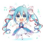  1girl aqua_eyes aqua_hair chibi dress hair_ribbon hatsune_miku long_hair lowres musical_note open_mouth outstretched_arms ribbon solo spread_arms sxupxdxxy twintails very_long_hair vocaloid 
