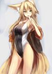  1girl animal_ears blonde_hair blush breasts competition_swimsuit fox_ears fox_tail green_eyes haik highres kokonoe_tsubaki large_breasts long_hair looking_at_viewer multiple_tails one-piece_swimsuit open_mouth original popsicle simple_background sketch solo swimsuit tail 