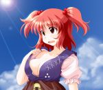  1girl belt blue_sky breasts bust cleavage clouds collarbone hair_bobbles hair_ornament kinagi_yuu large_breasts no_bra onozuka_komachi open_mouth puffy_short_sleeves puffy_sleeves red_eyes redhead shirt_tug short_sleeves sky solo sun sunlight sweat touhou two_side_up 