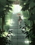  1girl blonde_hair forest frilled_skirt frills hair_ribbon hakurei_shrine nature outstretched_arms ribbon rumia sh_(562835932) shirt short_hair short_sleeves shrine skirt spread_arms stairs stairway touhou vest 