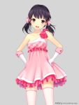  1girl :d black_eyes black_hair collarbone dress elbow_gloves gloves hair_ornament hands_on_hips ilog looking_at_viewer occhan_(artist) official_art open_mouth pink_dress polka_dot polka_dot_legwear smile solo tagme thigh-highs twintails zettai_ryouiki 