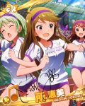  3girls ahoge blue_eyes brown_eyes brown_hair green_hair gym_uniform hairband idolmaster idolmaster_million_live! multiple_girls musical_note official_art shimabara_elena signature tanaka_kotoha tokoro_megumi track 