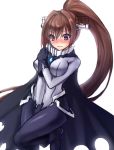  1girl black_gloves blush bodysuit brown_hair cape covering covering_breasts covering_crotch gloves headgear kantai_collection long_ponytail one_leg_raised oukawa_yuu solo violet_eyes white_background wo-class_aircraft_carrier wo-class_aircraft_carrier_(cosplay) yamato_(kantai_collection) 