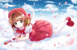  brown_hair cardcaptor_sakura clouds clow_card gloves green_eyes kinomoto_sakura looking_at_viewer magical_girl moai_(aoh) petals sky smile thigh-highs wings 