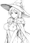  1girl bow breasts character_doll fur_trim greyscale hat kagari_ayaka large_breasts long_hair monochrome pcmaniac88 school_uniform sketch solo takamiya_honoka v_arms witch_hat 