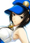  1girl black_eyes black_hair breasts bust cabbie_hat choker face hat lock looking_at_viewer marie_(persona_4) nannacy7 parted_lips persona persona_4 persona_4_the_golden short_hair sleeveless solo white_background 