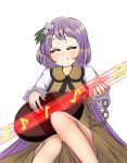  ^_^ biwa_lute chain closed_eyes frilled_sleeves frills instrument lavender_hair long_hair long_sleeves lute_(instrument) musical_note playing_instrument puchiyuyoyo touhou tsukumo_benben 