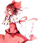  1girl ascot bare_shoulders bow brown_hair butterfly detached_sleeves hair_bow hakurei_reimu hazuki_shino highres red_eyes solo touhou white_background wide_sleeves 