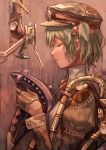  1girl alternate_costume brown_gloves closed_eyes gloves goggles_on_hat hair_bobbles hair_ornament hat juliet_sleeves kawashiro_nitori long_sleeves profile puffy_sleeves solo steampunk touhou twintails wrench zicai_tang 