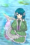  1girl blue_eyes blue_hair drill_hair frilled_kimono frills highres japanese_clothes kimono mermaid monster_girl puchiyuyoyo short_hair smile touhou wakasagihime water wide_sleeves 