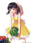  1girl :d black_hair carrying cucumber dress eggplant food fruit hair_ornament hat hat_removed headwear_removed ilog looking_at_viewer occhan_(artist) official_art open_mouth simple_background smile solo straw_hat tagme tomato twintails watermelon white_background yellow_dress 
