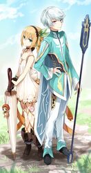  1boy 1girl azusa_(sarie303030) blonde_hair choker dress edna_(tales) green_eyes hairband hand_on_hip highres looking_at_viewer mikleo_(tales) short_hair side_ponytail staff standing tales_of_(series) tales_of_zestiria umbrella violet_eyes white_dress white_hair 