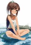  1girl brown_hair hands_on_feet hose i-401_(kantai_collection) kachayori kantai_collection ponytail sailor_collar school_swimsuit sitting solo swimsuit tan wet 