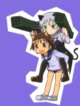  2girls animal_ears blush_stickers brown_eyes brown_hair cat_ears cat_tail dog_ears dog_tail green_eyes highres kantai_collection kill_me_baby military military_uniform miyafuji_yoshika multiple_girls open_mouth pantyhose parody piggyback rocket_launcher sanya_v_litvyak short_hair silver_hair swimsuit swimsuit_under_clothes tail uniform weapon zatou_(kirsakizato) 