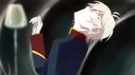  1boy ahoge aldnoah.zero araragi_koyomi bakemonogatari blonde_hair blue_eyes gloves head_tilt looking_back military military_uniform misaki_(inagoinaire) monogatari_(series) parody shaft slaine_troyard uniform white_gloves 