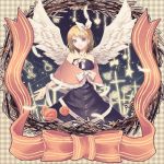  1girl angel_wings bare_shoulders black_dress blonde_hair blue_eyes capelet checkered checkered_background circle cross dress feathered_wings feathers flower fur_trim glowing gown hair_ribbon kagamine_rin red_rose ribbon rose short_hair solo strapless_dress vioro vocaloid wings 