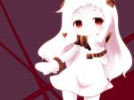  1girl covering_mouth dress horns kantai_collection long_hair looking_at_viewer mittens nekoha northern_ocean_hime pale_skin red_eyes shinkaisei-kan solo tagme white_dress white_hair 