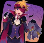  1boy ascot banette bangs bat black_cape blonde_hair buttons cape commentary_request gloves hands_up headband highres jacket long_sleeves male_focus morty_(pokemon) official_alternate_costume outline pants pokemon pokemon_(creature) pokemon_(game) pokemon_masters_ex popped_collar red_headband short_hair silk spider_web tyako_089 white_ascot 