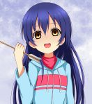  1girl arrow blue_hair empty_eyes karamoneeze long_hair looking_at_viewer love_live!_school_idol_project open_mouth smile solo sonoda_umi translated yellow_eyes 