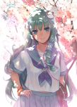  1girl bag bracelet cherry_blossoms earphones flower frog_hair_ornament green_eyes green_hair hair_ornament hakufuu_(9saigo) hand_on_hip head_tilt jewelry kochiya_sanae long_hair pentagram pleated_skirt school_bag school_uniform serafuku skirt smile snake_hair_ornament solo touhou tree 