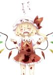  1girl ascot blonde_hair blood blood_on_face blood_splatter closed_eyes fangs flandre_scarlet hat highres mob_cap nekoha open_mouth side_ponytail smile solo tagme touhou translation_request wings wrist_cuffs 
