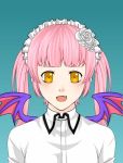  1girl artist_request bangs blunt_bangs blush collared_shirt demon_wings ebola-chan fang flower hair_flower hair_ornament looking_at_viewer maid_headdress open_mouth original payot personification pink_hair solo wings yellow_eyes 