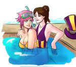  2girls blue_eyes breasts brown_eyes brown_hair caitlyn_(league_of_legends) cleavage diving_mask facial_tattoo g138 goggles goggles_on_head hat hat_removed headwear_removed large_breasts league_of_legends lips long_hair multiple_girls one-piece_swimsuit partially_submerged pink_hair ponytail pool sitting sitting_on_lap sitting_on_person strapless swimsuit tattoo top_hat vi_(league_of_legends) yuri 