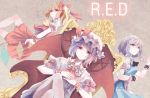  3girls alternate_eye_color bat_wings blonde_hair bow brooch chair crossed_legs dutch_angle english flandre_scarlet flying green_eyes hair_bow hands_together hat izayoi_sakuya jewelry lavender_hair looking_at_viewer looking_down maid_headdress multiple_girls no_hat puffy_short_sleeves puffy_sleeves purple_hair red_skirt remilia_scarlet ring short_hair short_sleeves side_ponytail silver_hair sitting skirt skirt_set smile touhou violet_eyes vioro wings wrist_cuffs 