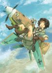  1girl airplane bf_109 clouds flying goggles goggles_on_head headphones kome mecha_musume original sky solo 
