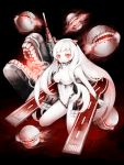  1girl airfield_hime floating_fortress_(kantai_collection) highres horns kajaneko kantai_collection kneeling long_hair looking_at_viewer machinery pale_skin red_eyes shinkaisei-kan tagme teeth traditional_media white_hair 