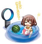  1girl ball beachball bikini brown_hair closed_eyes electric_fan fang food fruit ikazuchi_(kantai_collection) kadose_ara kantai_collection short_hair swimsuit wading_pool water watermelon 