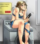  1girl aya_brea barefoot blonde_hair blue_eyes bra breasts bruise chin_rest cleavage denim g138 gun handgun injury jeans lips pants parasite_eve parasite_eve_the_3rd_birthday pistol scratches shirtless short_hair sitting solo torn_bra torn_clothes torn_jeans trigger_discipline underwear washing_machine weapon 