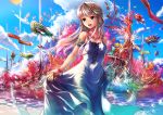  1girl aqua_eyes armband brown_hair dress fish hair_ornament hairclip highres jewelry kopa long_hair necklace original skirt_hold sky sleeveless smile solo splashing water 