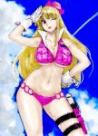  1girl akimoto_katherine_reiko bikini blonde_hair blue_eyes breasts cleavage clouds cowboy_shot gloves hat holster kochikame large_breasts lips long_hair navel one_eye_closed pon salute sky solo standing swimsuit thigh_holster white_gloves 