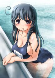  1girl ahoge alternate_costume black_hair breasts cleavage kantai_collection kantori large_breasts long_hair looking_at_viewer pool school_swimsuit solo swimsuit undersized_clothes ushio_(kantai_collection) violet_eyes water wet 