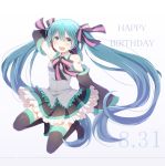  1girl aqua_eyes aqua_hair boots bowtie dated detached_sleeves hair_ribbon happy_birthday harusawa hatsune_miku headset long_hair open_mouth ribbon skirt solo thigh-highs thigh_boots twintails very_long_hair vocaloid 