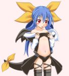 1girl asymmetrical_wings bare_shoulders black_panties blue_hair blush_stickers center_opening detached_sleeves dizzy flat_chest guilty_gear hair_ribbon hair_rings kneehighs long_hair panties ponkotsu red_eyes ribbon shoulder_pads showgirl_skirt solo tail tail_ribbon thigh_strap underwear wings young 